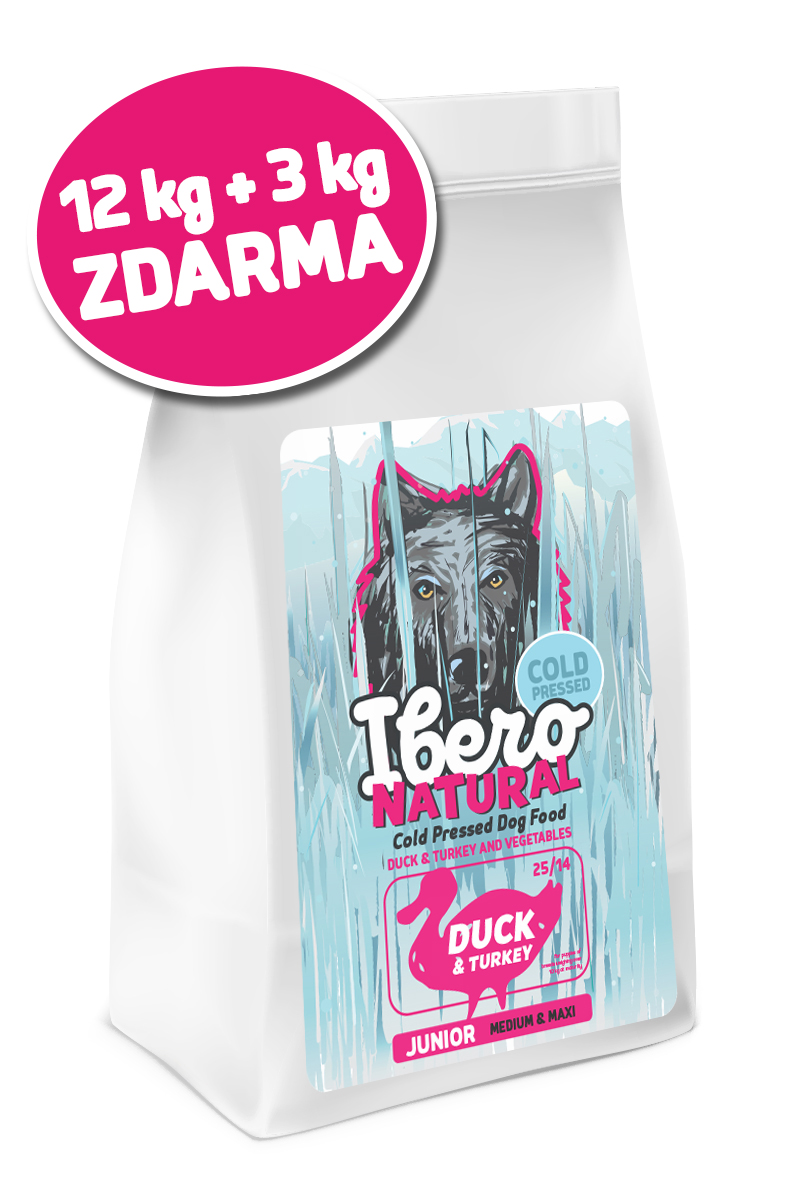E-shop Ibero COLD PRESSED dog junior MEDIUM/LARGE DUCK - 12kg + 3kg GRATIS