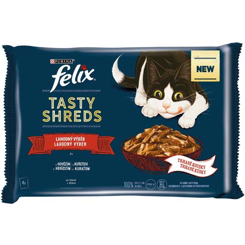 FELIX kapsa TASTY SHREDS 4 x 80g - HOVĚZÍ/kuřecí ve šťávě