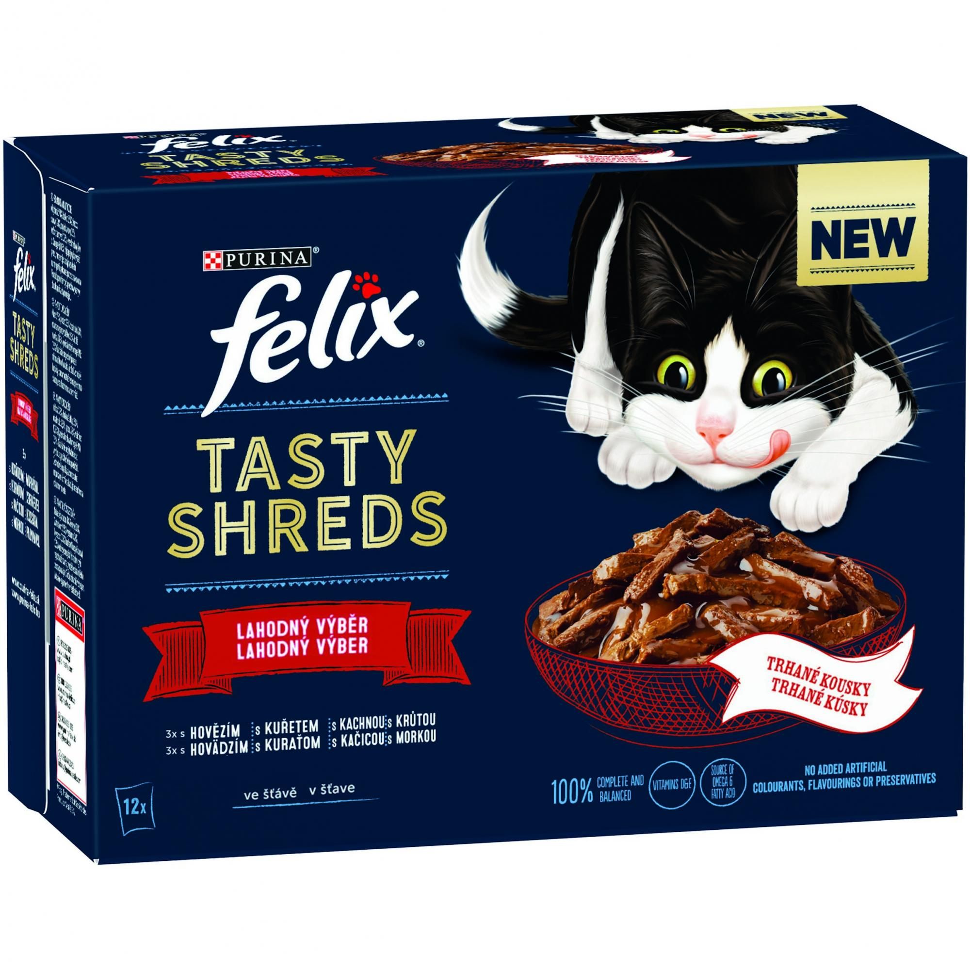 FELIX kapsa TASTY SHREDS 12 x 80g - KACHNA/krůta/hovězí/kuře